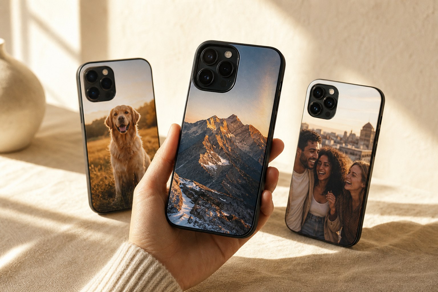 PrintCase gift card: cases with different photos — dog, mountains, friends
