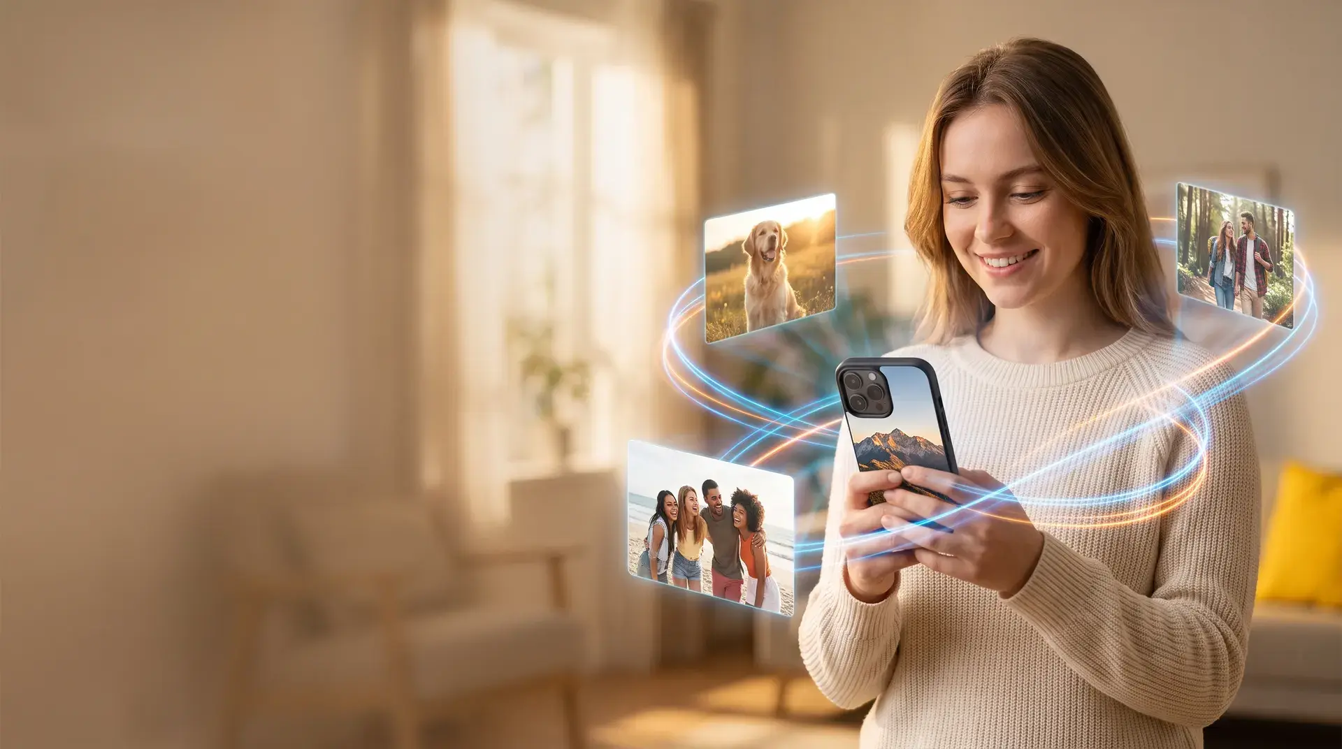 Woman holding a personalized phone case — a photo from the gallery turned into a design