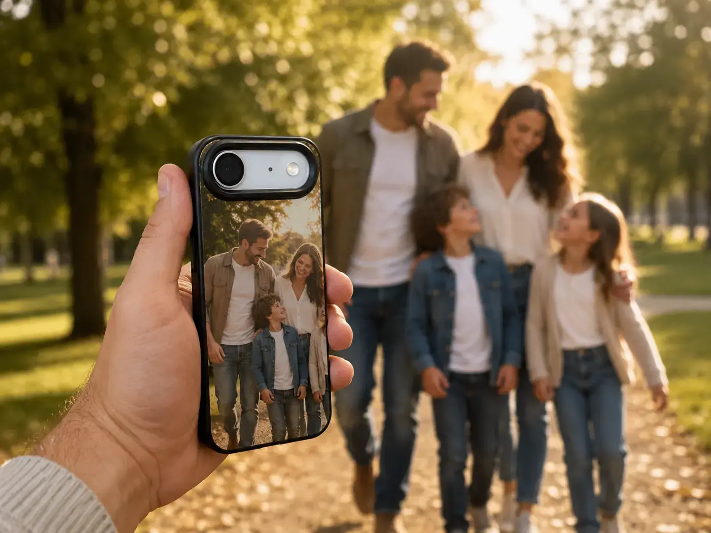 Case with a family photo in a park